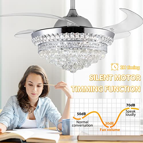 Panghuhu88 42" Invisible Ceiling Fan Chandelier with Light,Modern Crystal Ceiling Fan Light Remote Control 4 Retractable ABS Blades for Bedroom Living Dining Room Decoration (Silver)