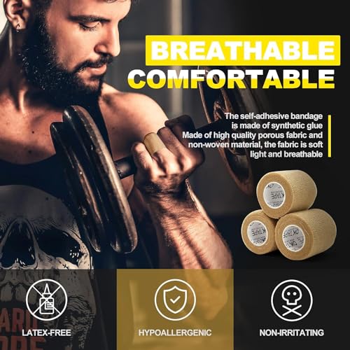 OK TAPE 12 Rolls Self Adhesive Bandage Wrap, Elastic Athletic Tape, Self Stick Bandage Tape, Vet Wrap, Medical Wrap for Wrist, Feet, 2" x 5 Yards - Beige