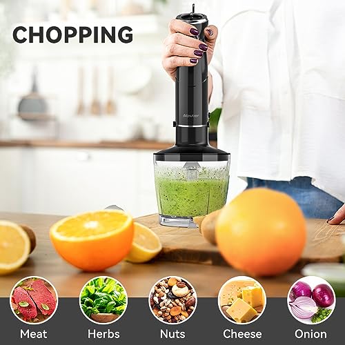 Immersion Blender Handheld, 800W Scratch Resistant Hand Blender, Abuler 5 in 1 Emulsifier Blender Mixer, BPA-Free 12 Speed Stick Blender, Beaker, Chopper, Whisk, Frother, for Soup, Sauce (Black)