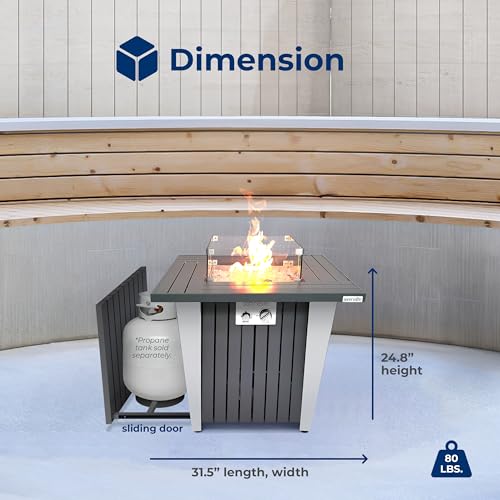 Outdoor Propane Fire Pit Table - CSA/ETL Certified 50,000 BTU Pulse Ignition Weatherproof Square Propane Gas Fire Table w/Adjustable Flame - Glass Wind Guard, Glass Rocks - SereneLife SLNFRE27