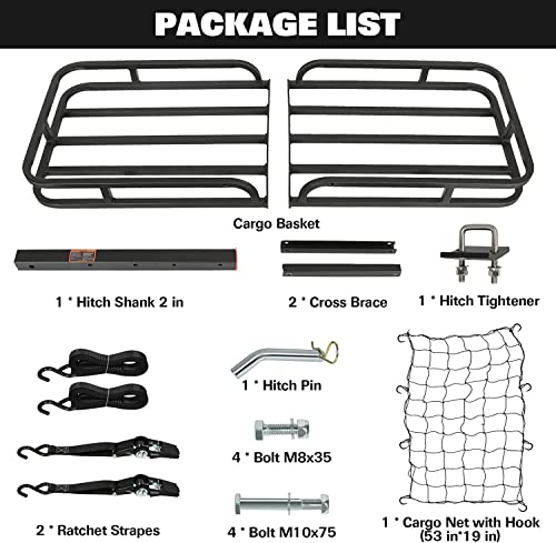 WEIZE 53 x 19 x 4-1/8 Inch Hitch Cargo Carrier, 500 lbs Capacity Steel Hitch Cargo Rack Basket with Net, Strap, Tightener for Car SUV Truck Traveling Camping, 2" Receiver