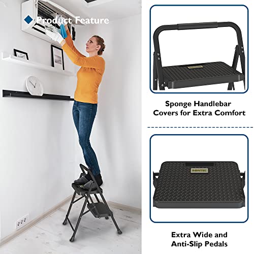 BONTEC 2-Step Ladder, Folding Step Stools for Adults with Wide Anti-Slip Pedals, Max Load Capacity 600lbs Sturdy Steel Ladder, Lightweight, Convenient Handle, Portable Steel Step Stool, Black