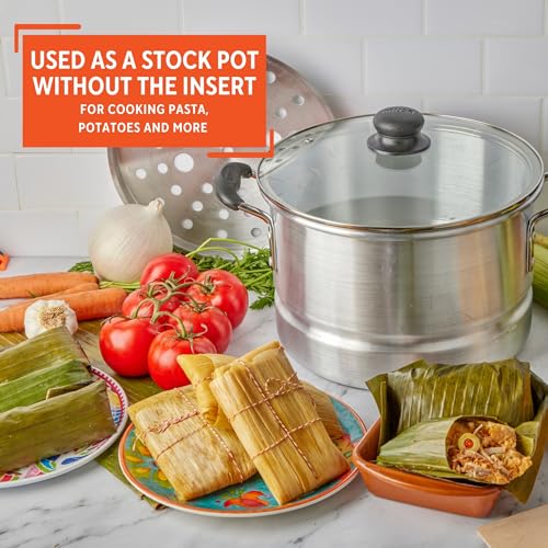 IMUSA USA MEXICANA-410 Aluminum Steamer with Glass Lid 10-Quart, Silver, 10Qt