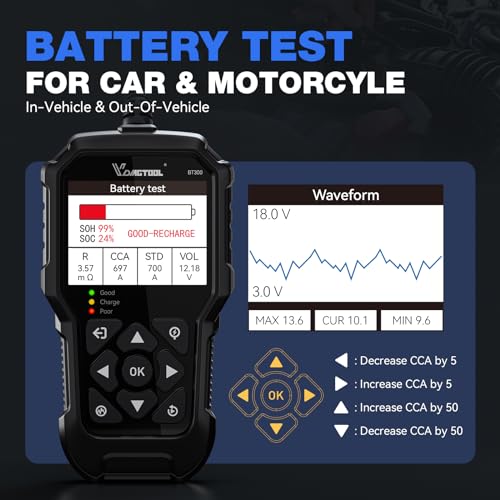 VDIAGTOOL BT300 Car Battery Tester 6V 12V, 5-3000 CCA Load Tester Starter Alternator Tester Automotive Charging Cranking System Tester for Motorcycle Car Truck SUV ATV Boat