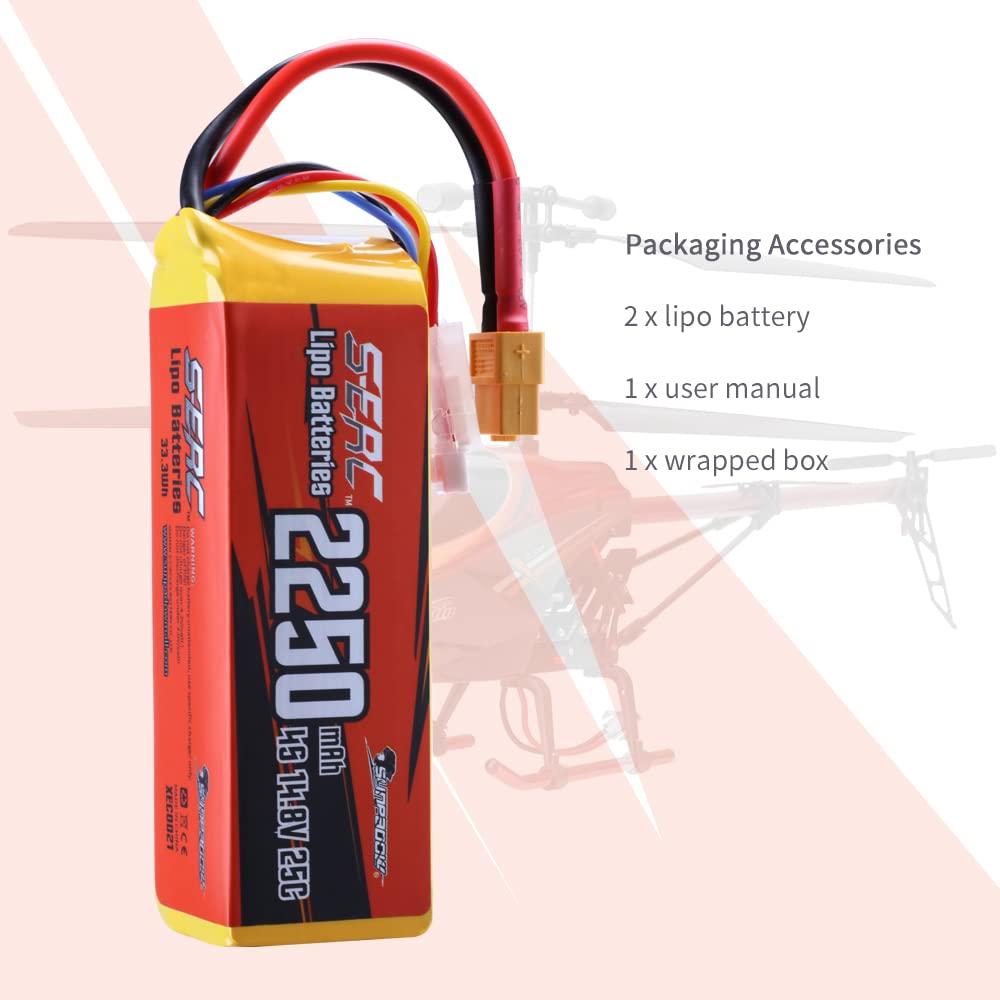 SUNPADOW 14.8V 4S RC Lipo Battery 25C 2250mAh with XT60 Connector Rechargeable for RC Airplane Quadcopter Helicopter Drone FPV Racing Hobby (2 Count)