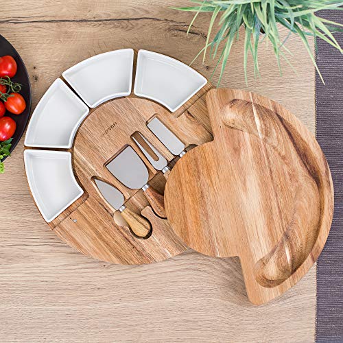 Charcuterie Cheese Board and Platter Set - Made from Acacia Wood - US Patented 13 inch Cheese Cutting Board and Knife for Entertaining and Serving - 4 Knives and 4 Bowls