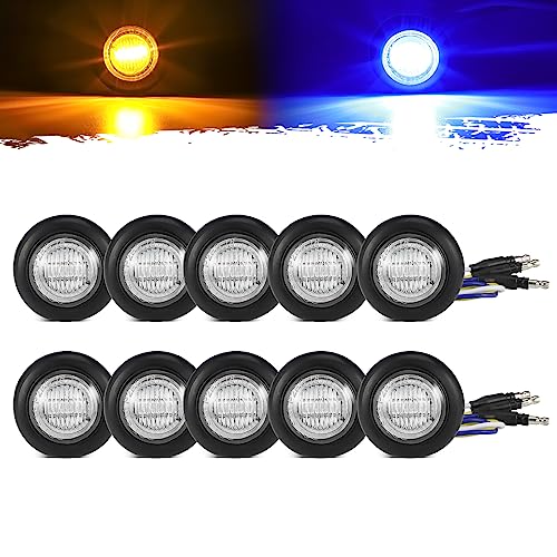 Partsam 10Pcs Dual Color 3/4" Round LED Marker Light Amber to Blue Auxiliary Light Side Marker Clearance Light Turn Signal Indicators with Bullet Plug for Trailer Truck Pickup Camper RV