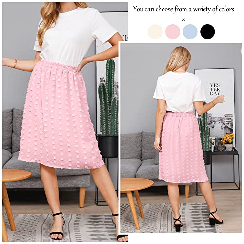 Ezcosplay Women's Boho Swiss Dot High Elastic Waist Pleated A-Line Midi Skirt (Pink, Small)