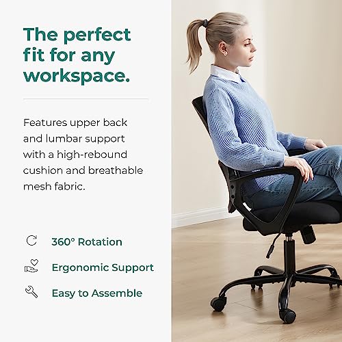 SMUG Home Office Computer Gaming Desk Chair, Ergonomic Mid-Back Mesh Rolling Work Swivel Task Chairs with Wheels, Comfortable Lumbar Support, Comfy Arms for Bedroom, Study, Student, Adults, Black