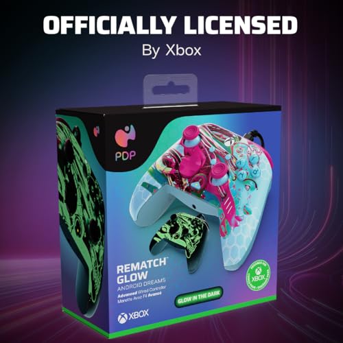PDP Gaming REMATCH GLOW Enhanced Wired Gaming Controller: Licensed Glow in the Dark Gamepad for Xbox Series X|S, Xbox One, Windows PC, Mappable Back Buttons, Advanced Customizable App: Android Dreams
