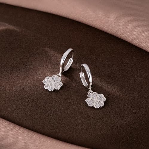 SLUYNZ 925 Sterling Silver CZ Clover Hoop Earrings Dangle for Women Teen Girls Lucky Clover Leaf Huggie Earrings Flower Drop (A-Silver)