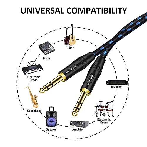 DREMAKE Guitar Cable, Jack 6.35mm/6.5mm 1/4 Inch Amp Cord for Bass Electric Guitar Amplifier, 20FT 6.35mm 1/4 Straight to Straight Stereo Audio Balanced Instrument Patch Cable, Black Blue
