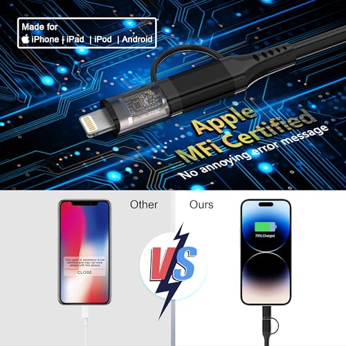 USB to USB-C and Lightning Cable 2 in 1 Support Apple Carplay & Android Auto [MFi Certified] 3A Fast Charge & Data Sync,Short Coiled Lightning and USB C Cable for iPhone 16/15/14/13/12/Android-Black