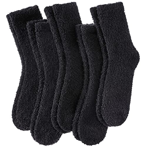 LINEMIN Womens Fuzzy Socks Cozy Fluffy Winter Warm Slipper Socks Microfiber Soft Home Sleeping Socks (5 Pack Black)