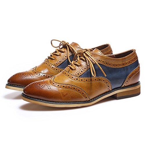 Mona flying Women's Stacked Heel Wingtip Oxfords Ladies Comfortable Lace-up Leather Brogue Shoes Brown-blue