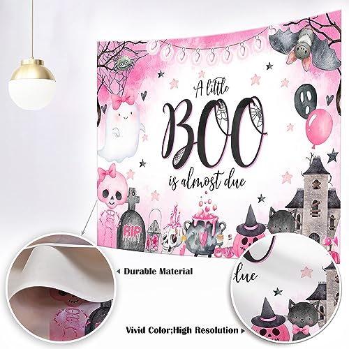 Mocsicka Halloween Baby Shower Backdrop for Girl Cute Spooky Ghost Boo Pumpkin Background A Little Boo is Almost Due Trick or Treat Party Decoration Photo Booth Props (Pink, 7x5ft(82''x60''))