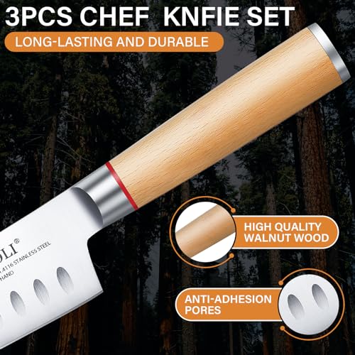 TIVOLI Chef Knife Set Professional Kitchen Knife Set 3PC Stainless Steel Japanese Knife Set with Gift Box Cooking Knife Set with Ultra Sharp Blade & Wooden Handle(Nakiri Knife,Chef Knife,Paring Knife)