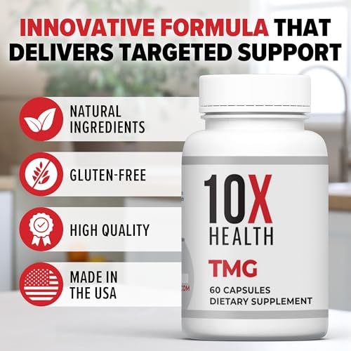 10X Health TMG Supplements - Trimethylglycine Amino Acid as Betaine Anhydrous for Liver Support, Energy, Heart Health, & to Regulate Homocysteine Levels - 60 Capsules