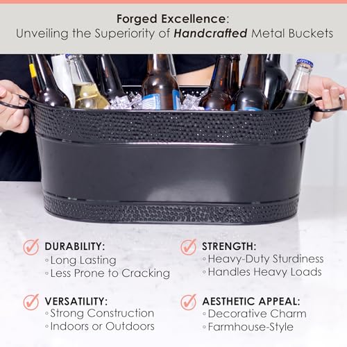 BREKX Colt Copper Finish Galvanized Bucket for Parties, Oval 16-Bottle Hammered Beverage Chiller with Handles, Farmhouse Bucket for Galvanized Decor or Storage, 15QT (4 Gallon)