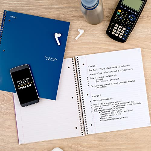 Five Star Spiral Notebook + Study App, 5 Subject, College Ruled Paper, Fights Ink Bleed, Water Resistant Cover, 8-1/2" x 11", 200 Sheets, Blue (73635)