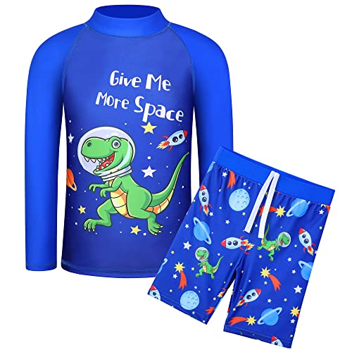 TFJH E Two Pieces Boys Rash Guard Sets UV 50+ Swimsuits Surfing Swimming Sunsuits Navy Dinosaur 4A