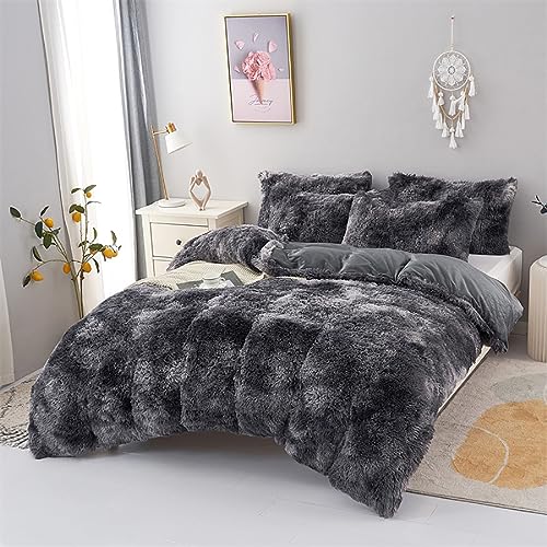 WINLIFE Shaggy Comforter Set Twin Grey for Boys Teens Faux Fur Bedding Sets Flannel Furry Comforter Plush Comforter Sets Gradient Ombre Tie Dye Bed Sets (3Pcs, Twin, Dark Grey)