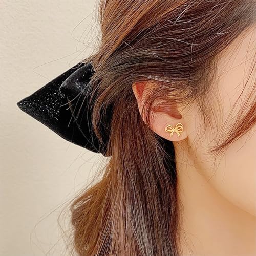 S925 Bow Earrings for Women Trendy, Small Cute Statement Ribbon Stud Earrings for Women Gold