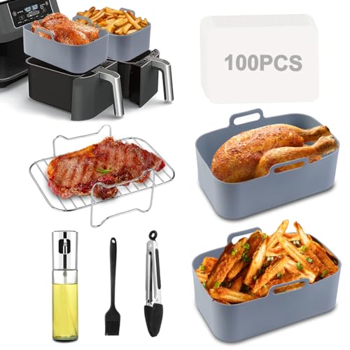 Silicone Air Fryer Liners for Ninja DZ201, 7PCS Air Fryer Accessories for Ninja Dual 8QT Air Fryers, Including Air Fryer Rack, Paper Liner etc (7Pcs - Oil Sprayer Set)