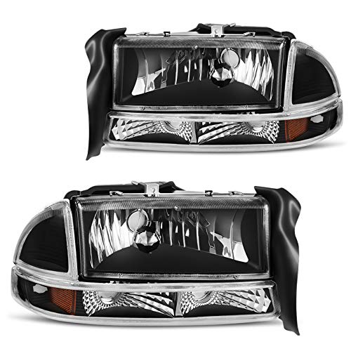 DWVO Headlight Assembly Compatible with 1998-2004 Dodge Dakota 1998-2003 Dodge Durango Headlamp Replacement with Park Signal Lamp Black Housing