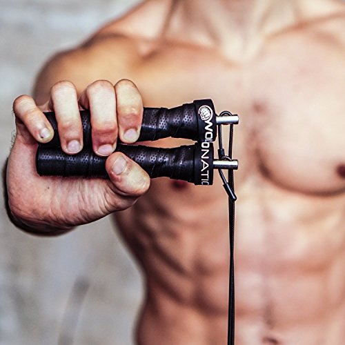 WOD Nation Attack Speed Jump Rope - Black Alloy Steel Handles - Weighted & Speed Cable System - Includes 11 ft Heavy (3.3 mm) & Light (2.2 mm) Cables for Men & Women