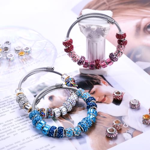 Aipridy 30 Pcs Lucky Beads Lover Pearls and Glass Rhinestones Amber Beads, Large Hole Spacer Beads European Craft Beads fit DIY Charms Bracelet Jewelry Making (Silver core+3 rows bicolor rhinestone)