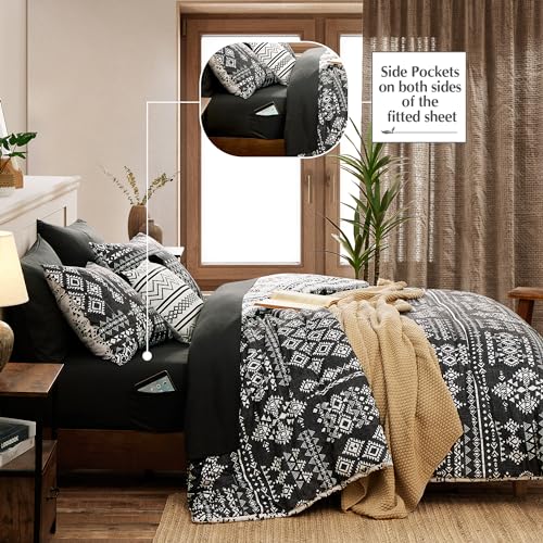 Geniospin Twin Comforter Set - 5 Pieces Comforters Twin Size, Fluffy Boho Bedding Sets for All Seasons, Bed in a Bag with Flat Sheet and Fitted Sheet, Pillowcase & Sham (Black and White, 66''x86'')