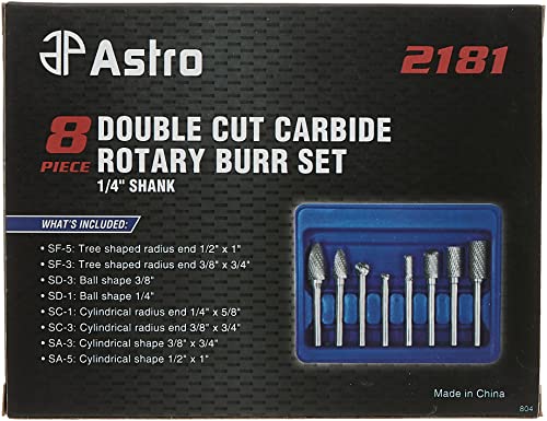 Astro Pneumatic Tool 2181 8-Piece Double Cut Carbide Rotary Burr Set 1/4" Shank in Blow Molded Case