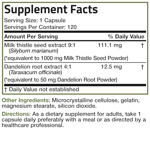 Bronson Milk Thistle Silymarin Marianum & Dandelion Root Liver Health Support, Antioxidant Support, Detox, 120 Capsules