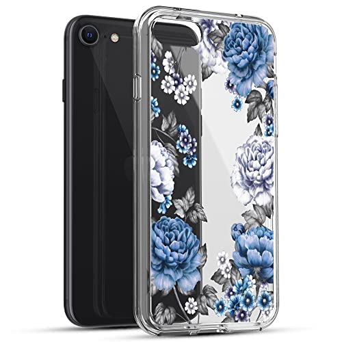 RANZ Compatible with iPhone SE (2022) Case, Anti-Scratch Shockproof Clear Protective Cover Case for iPhone SE (2022) / iPhone SE (2020) / iPhone 8 / iPhone 7 - Blue Roses