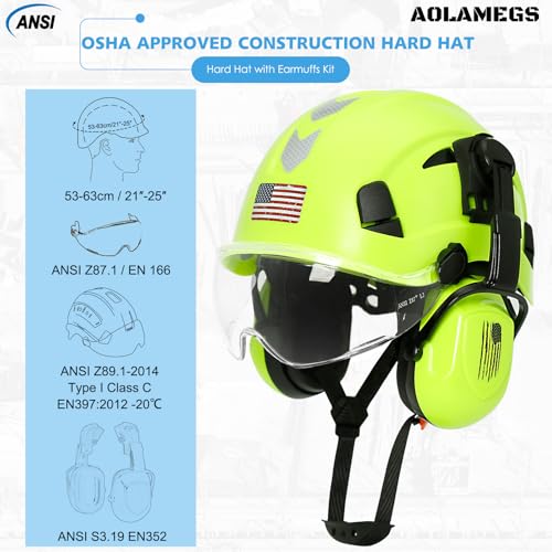 AOLAMEGS Construction Hard Hat with Visor and Earmuffs - Hard Hats Construction OSHA Approved, ANSI Z89.1 ABS Safety Helmet with and Ear Protection, Hardhats for Men Women Worker,6-pt Suspension