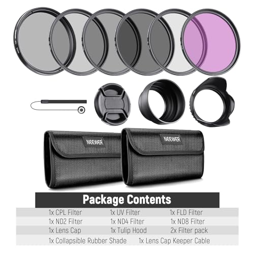 NEEWER 37mm ND Lens Filter Kit: UV, CPL, FLD, ND2, ND4, ND8, Lens Hood and Lens Cap Compatible with Canon Nikon Sony Panasonic DSLR Cameras with 37mm Lens