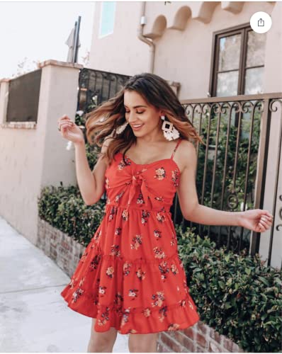 ECOWISH Womens Dresses Floral Spaghetti Strap Tie Knot Front Flowy Pleated Mini Swing Dress Red S