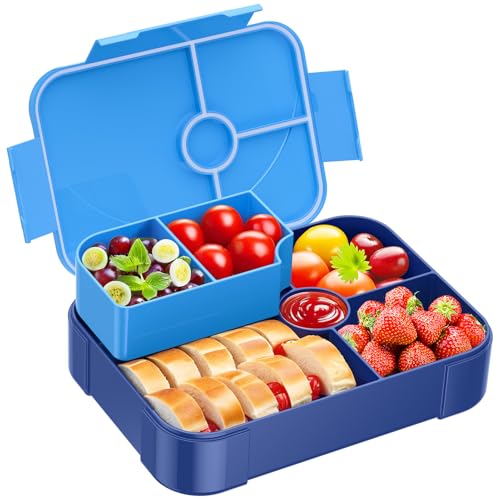 HOMETALL Bento Box for Kids - Leakproof Bento Lunch Box with 6 Compartments Portions Lunchbox for Kids Ages 3 to 7 Back to School, BPA-Free Reusable On-the-Go Meal and Snack Packing Containers, Blue