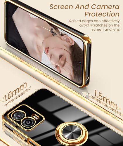 Dretal for Moto G 5G 2023 Case, 2X Screen Protector, 360° Rotatable Ring Holder Magnetic Kickstand,Plated Gold Edge Slim Soft TPU Protective Cover for Motorola G 5G 2023 (Black, ZH)