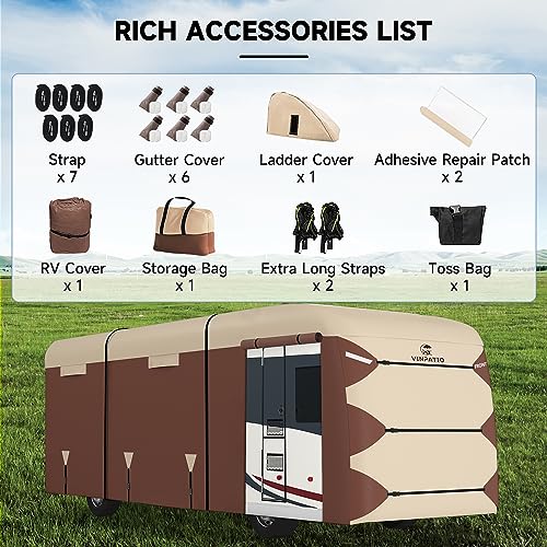 VINPATIO Class A RV Cover 300D Oxford Fabric Two Color Design, Fits 31'-34' RV, Heavy Duty Windproof Waterproof Class A Motorhome Cover with 2 Extra Long Straps, Gutter Covers