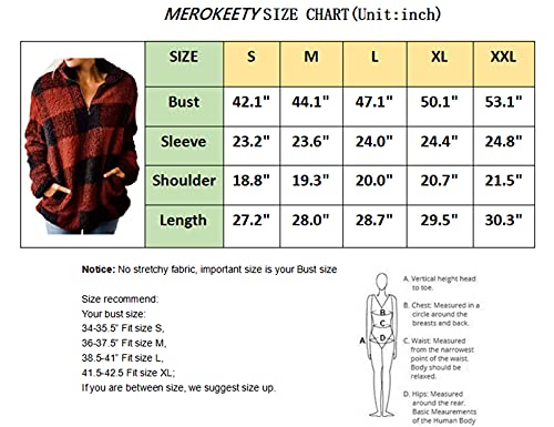 MEROKEETY Women's Plaid Sherpa Fleece Zip Sweatshirt Long Sleeve Pullover Jacket, Black, S