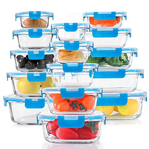 KOMUEE 30 Pieces Glass Food Storage Containers Set, Glass Meal Prep Containers Set with Snap Locking Lids, Airtight Glass Lunch Containers, Microwave, Oven, Freezer & Dishwasher, Blue