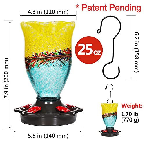 LUJII Hummingbird Feeders for Outdoors with Ant Proof, Handmade Blown Glass Hummingbird Feeder for Outside with S Hook, 25 fl.oz, Leak Proof, Multiple Functions Vase or Garden Decor, Blue Mixed Yellow