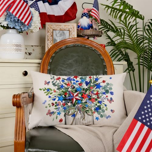 AACORS 4th of July Pillow Covers 12x20 Inch Stars Floral Vase Butterfly Decor Patriotic America USA Holiday Pillow Case Independence Memorial Day Decorations for Home Sofa Couch AA532-12