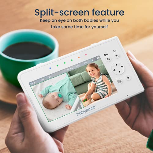 Babysense Baby Monitor with 2 Cameras and Audio 4.3", Non WiFi Baby Monitor, Dual Split Screen, Portable Double Sleep Video Monitor, Auto Night Vision & Light, Lullabies & White Noise, Two-Way Audio