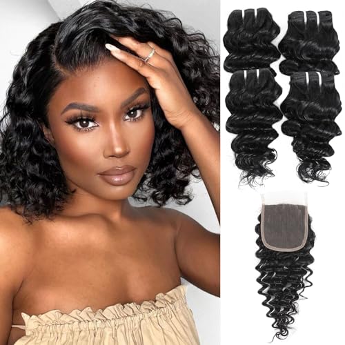 JTdebade Deep Wave Human Hair bundles 14 Inch 12A Grade Brazilian Human Hair 100% Virgin Weave Bundles Human Hair for Black Women (14 Inch Deep*4+16 Inch Closure *1)