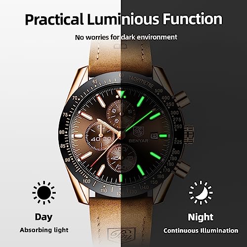 BY BENYAR Mens Watches Analog Quartz Chronograph Waterproof Brown Leather Men's Wrist Watches Business Work Casual Sport Classic Big Face Dress Watch Unique Elegant Gifts for Men