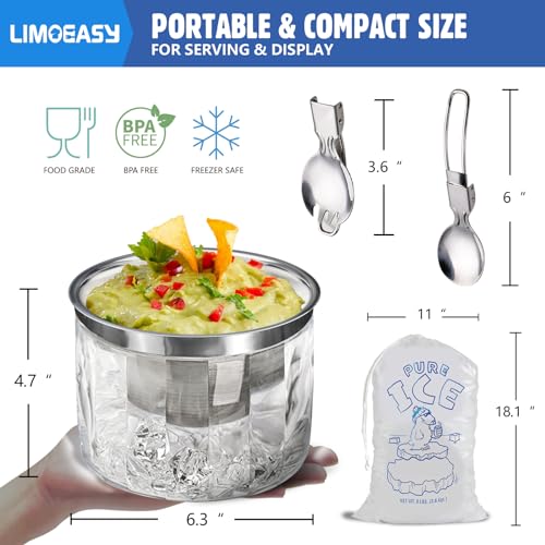 LIMOEASY Small Chilled Serving Bowl 2 Pack, 25oz Ice Chilled Dip Bowl with Lid for Parties, Cold Serving Dish for Hummus, Salsa, Guacamole, Sauces, Pasta