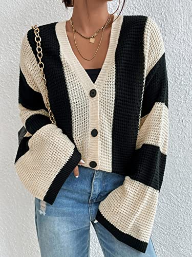 Verdusa Women's Colorblock Lightweight Cardigan Sweaters Button Down Bell Sleeve Knit Outerwear Spring Fall Clothes Black and Apricot Small